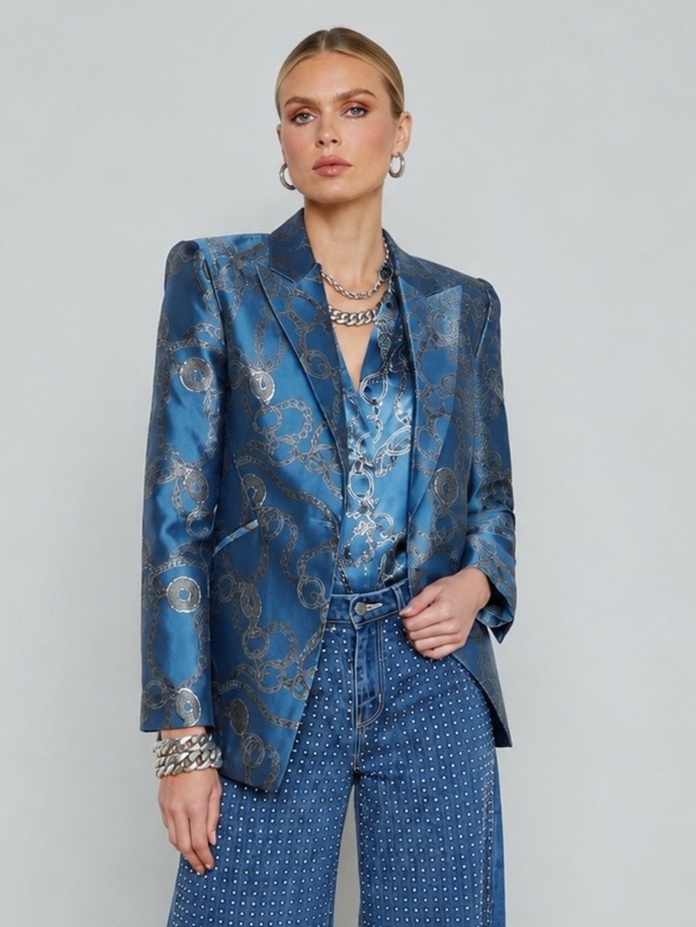 NWT L'AGENCE  Sheila Longline Jacquard Blue Silver Good Luck Chain Blazer Sz 8 - Picture 4 of 16